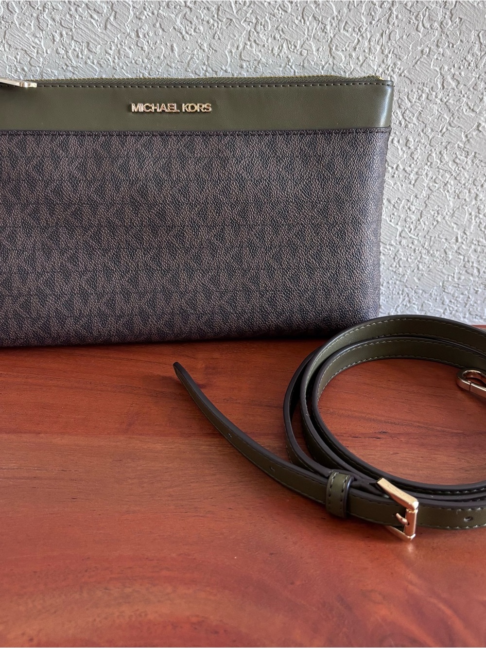 Michael Kors Jet Set Olive Green Brown Monogram Women’s Crossbody Bag Slim